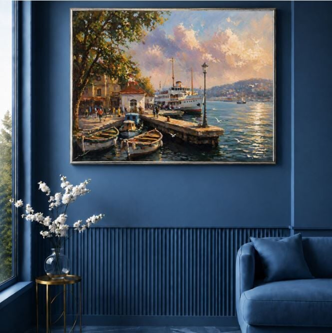 İstanbul Vapur Manzaralı Dokulu Yağlı Boya Tablo