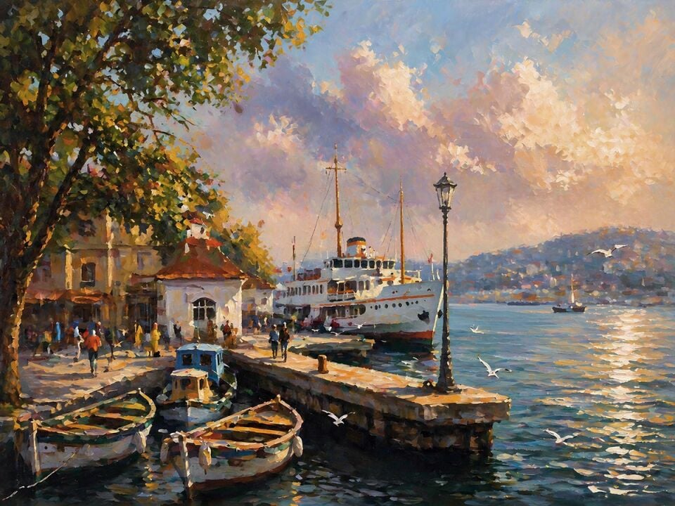 İstanbul Vapur Manzaralı Dokulu Yağlı Boya Tablo