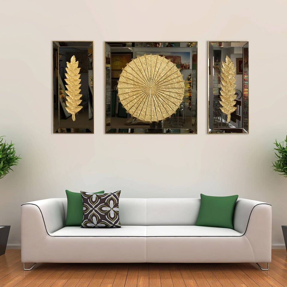 Almira Hitit Dekoratif Aynalı Tablo 40x90-90x90-40x90 cm - Altın