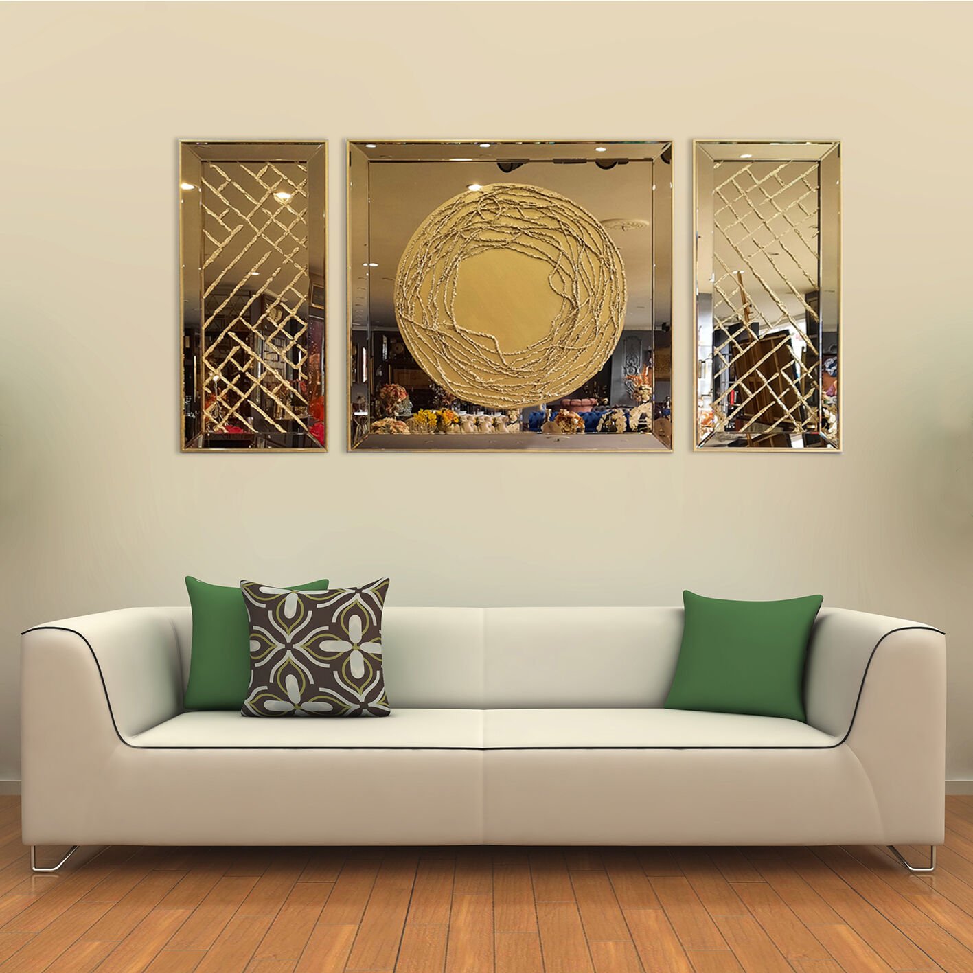 Almira Halat Dekoratif Aynalı Tablo 40x90-90x90-40x90 cm - Altın