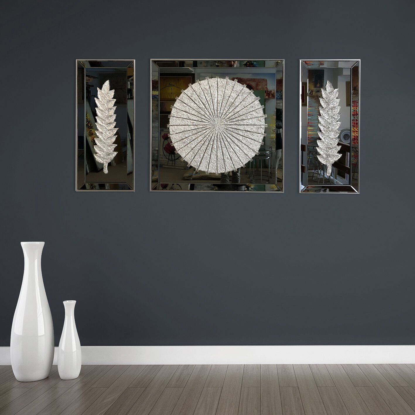 Almira Halat Dekoratif Aynalı Tablo 40x90-90x90-40x90 cm - Gümüş