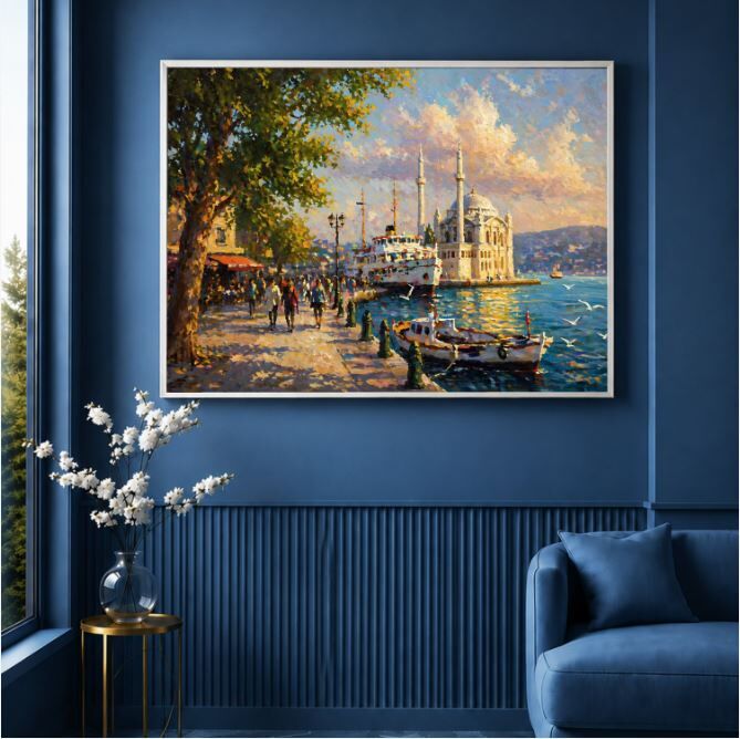 Ortaköy Camii Dokulu Yağlı Boya Tablo – Boğazda Gün Batımı