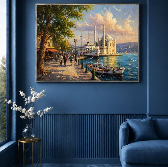 Ortaköy Camii Dokulu Yağlı Boya Tablo – Boğazda Gün Batımı