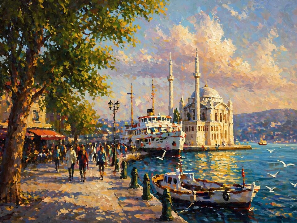 Ortaköy Camii Dokulu Yağlı Boya Tablo – Boğazda Gün Batımı