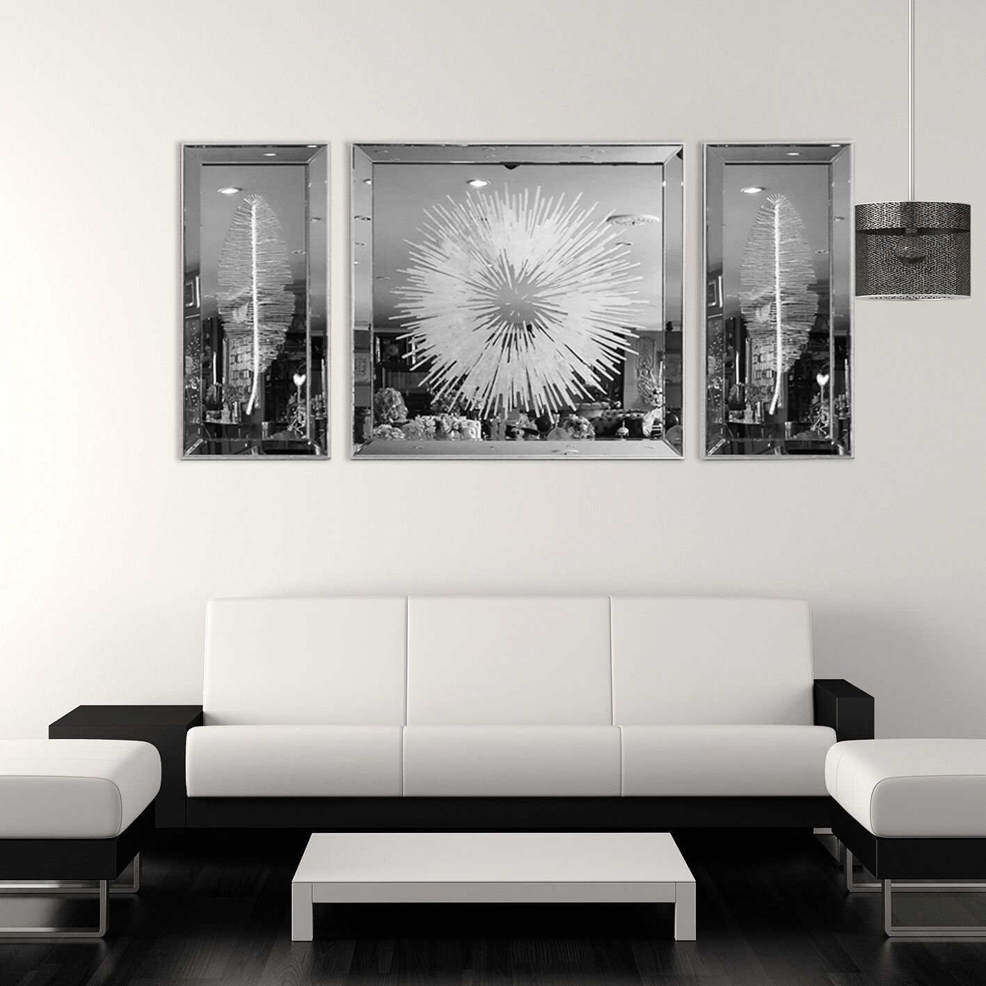 Almira Kara Dekoratif Aynalı Tablo 40x90-90x90-40x90 cm - Gümüş