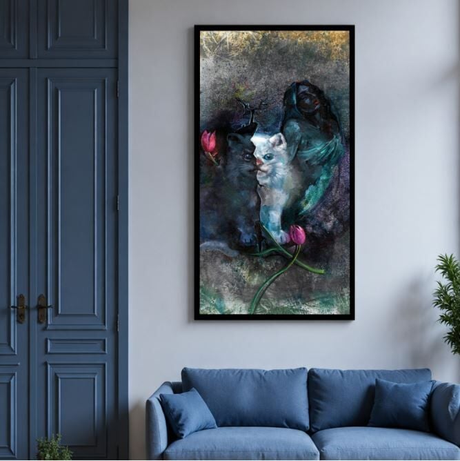 Kedi Yağlıboya Tablo – Laleler ve İki Kedi