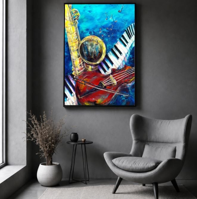 Müziğin Renkleri Müzik Temalı Dokulu Yağlı Boya Tablo