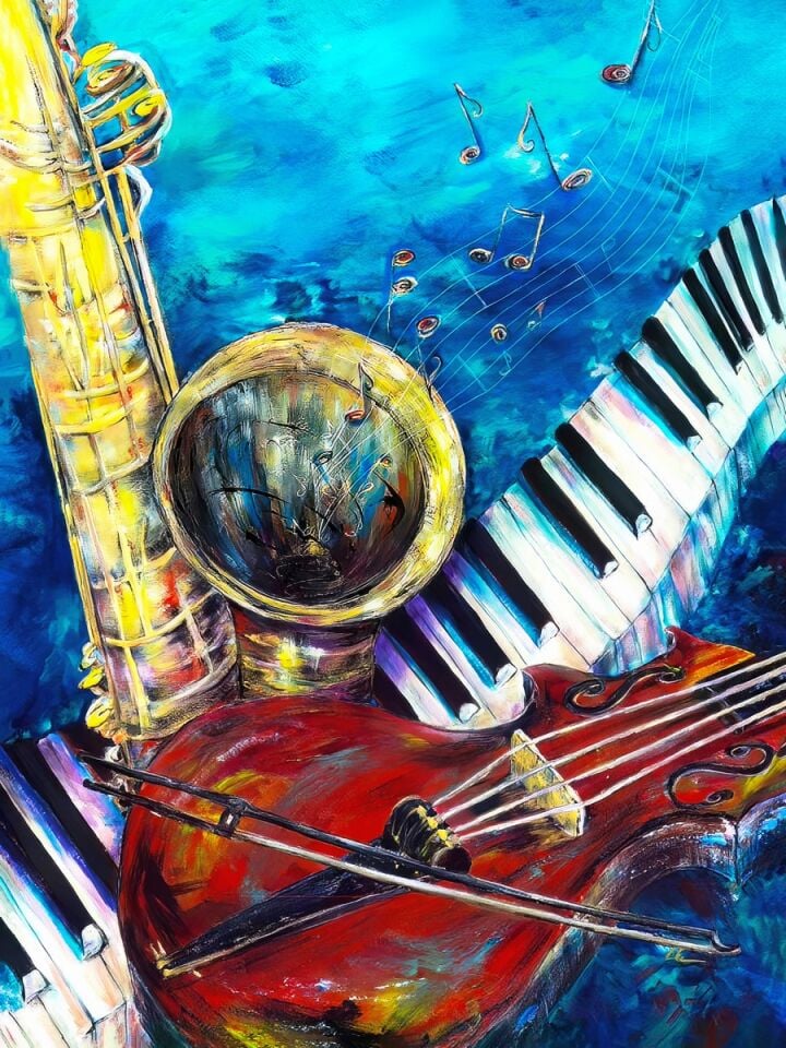 Müziğin Renkleri Müzik Temalı Dokulu Yağlı Boya Tablo