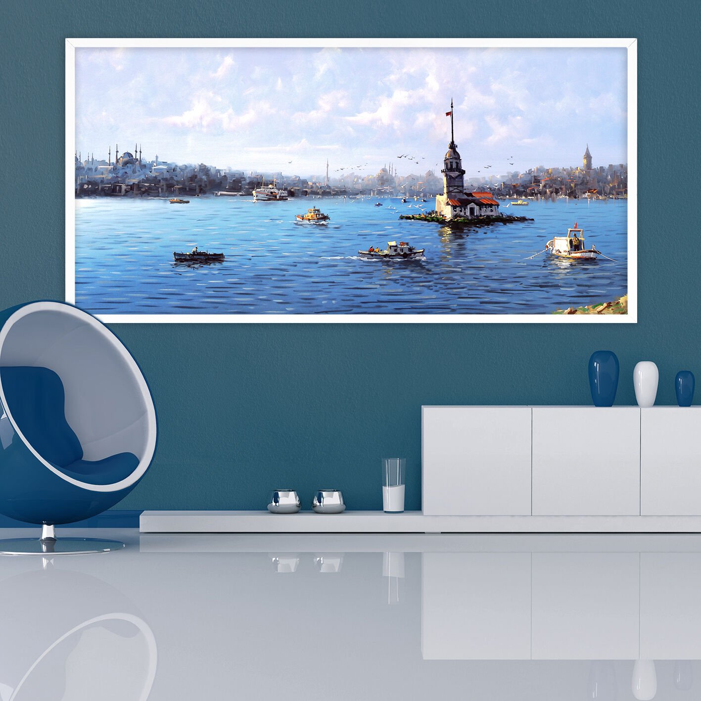 Mavide Yalnızlık Manzara Dokulu Yağlıboya Tablo