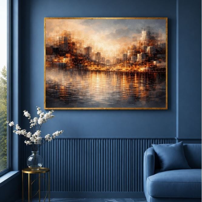 Soyut Şehir Tablosu Altın Işıklar Modern Skyline