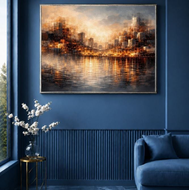 Soyut Şehir Tablosu Altın Işıklar Modern Skyline