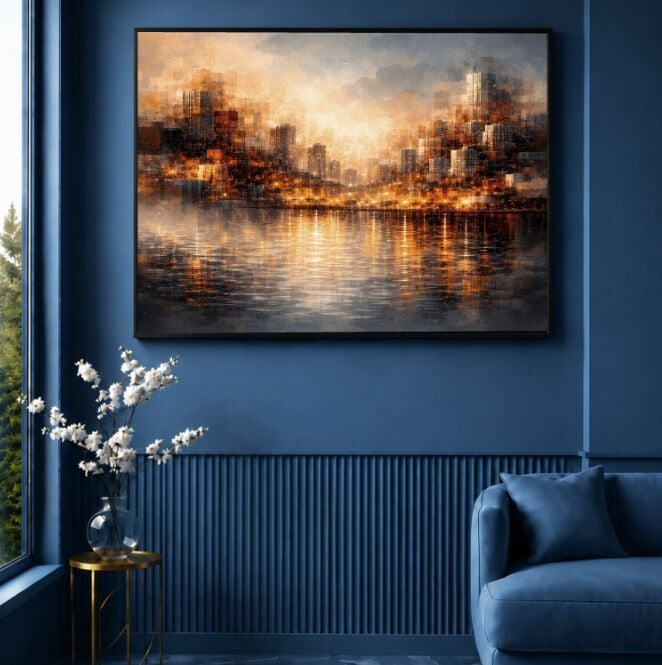 Soyut Şehir Tablosu Altın Işıklar Modern Skyline