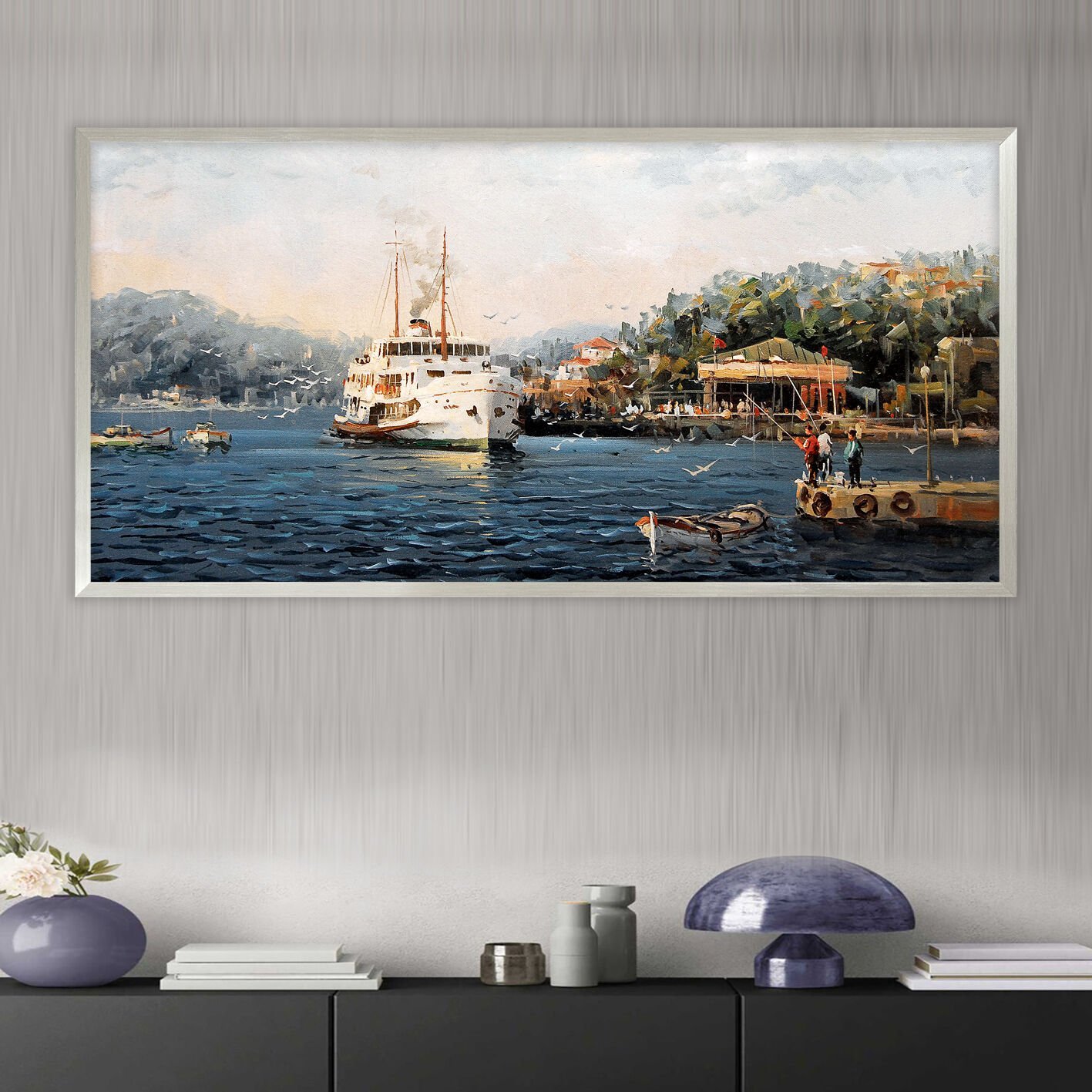 Denizle Uyanan Şehir Manzara Dokulu Yağlıboya Tablo