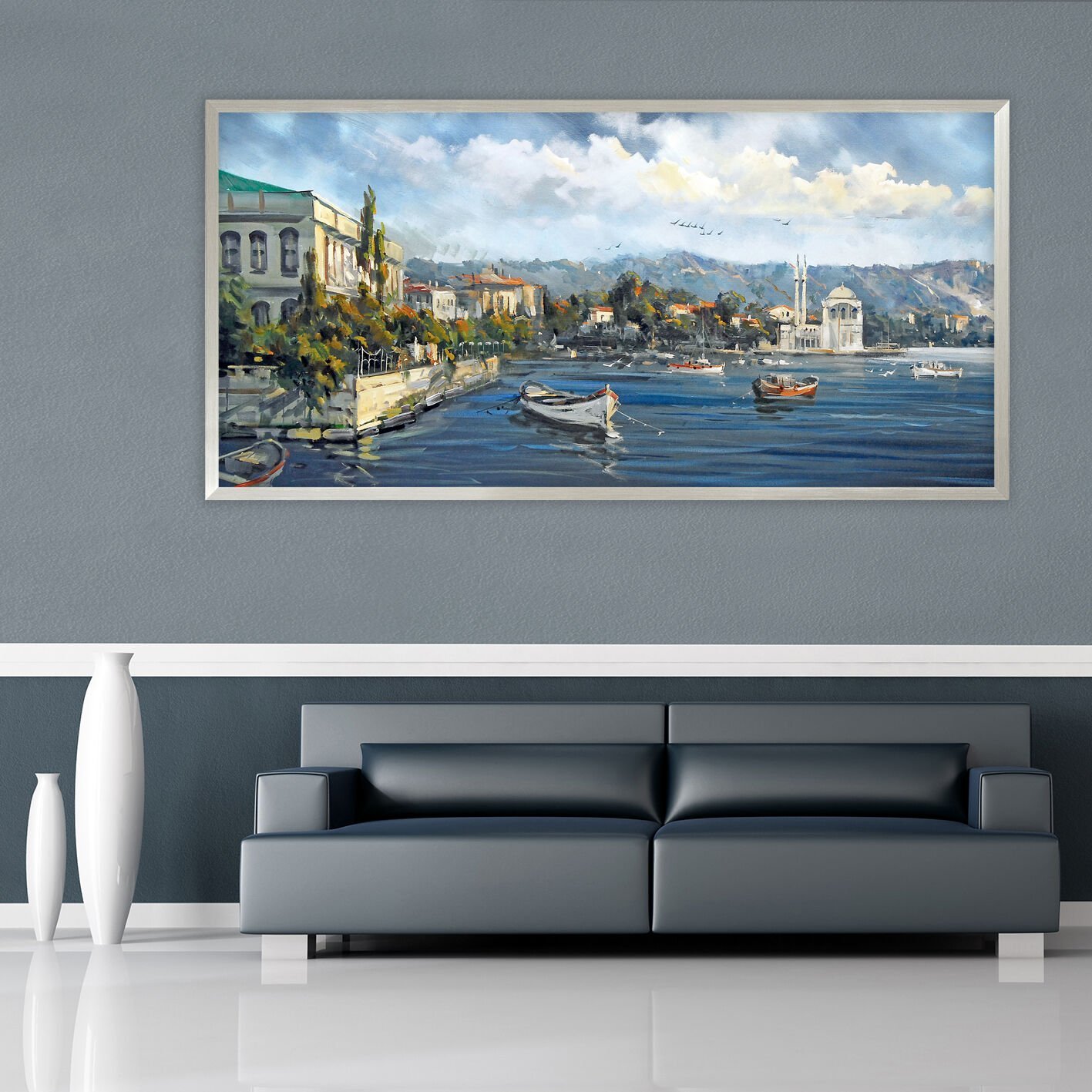 Suda Yansıyan İstanbul Manzara Dokulu Yağlıboya Tablo