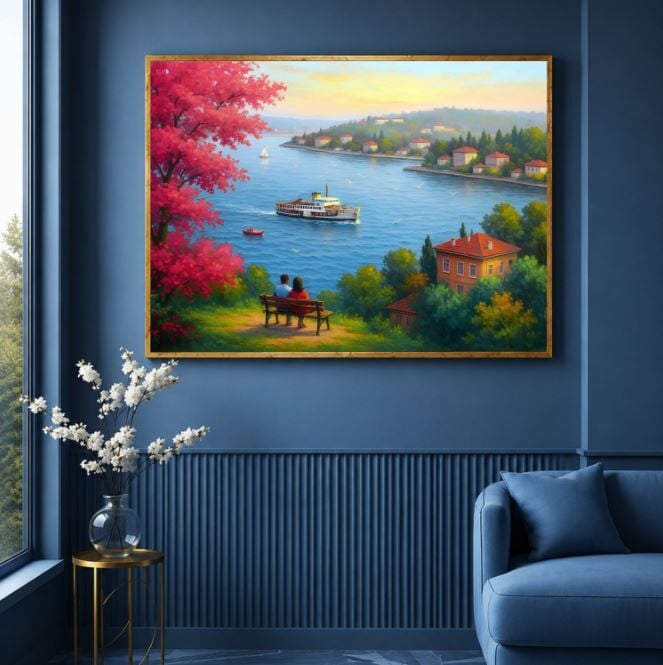 Boğaz Manzara Tablosu Dokulu Yağlı Boya İstanbul Dekoratif Duvar Tablosu