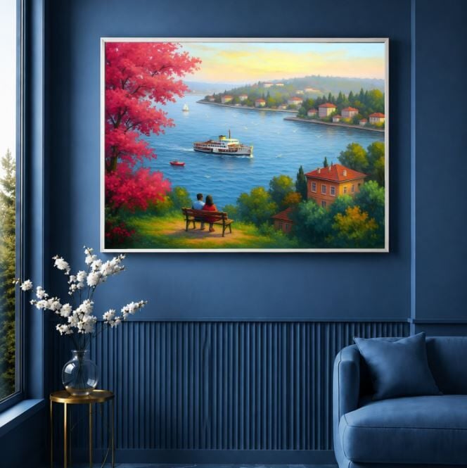 Boğaz Manzara Tablosu Dokulu Yağlı Boya İstanbul Dekoratif Duvar Tablosu
