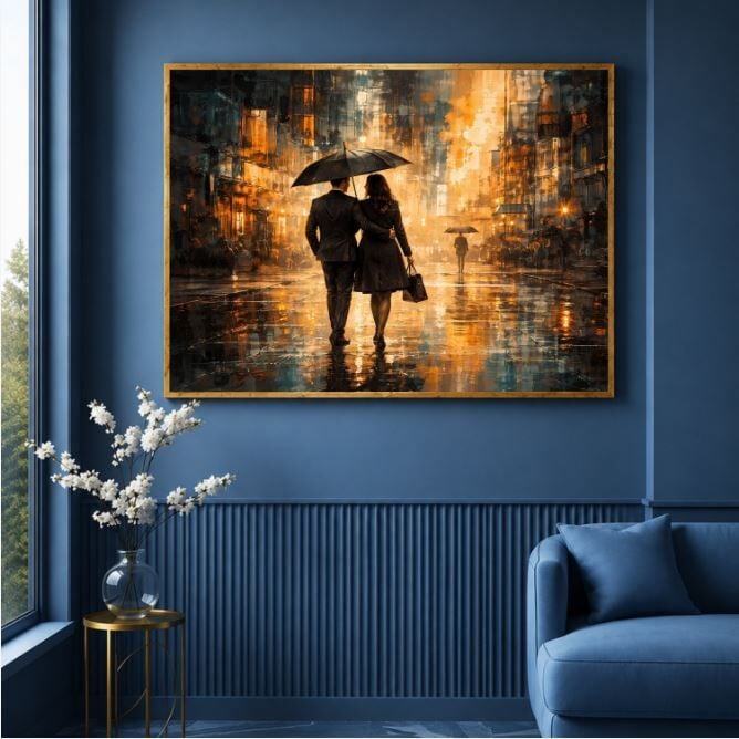 Aşk Yağlı Boya Tablo Yağmurlu Şehirde Şemsiye Altında Romantik Çift