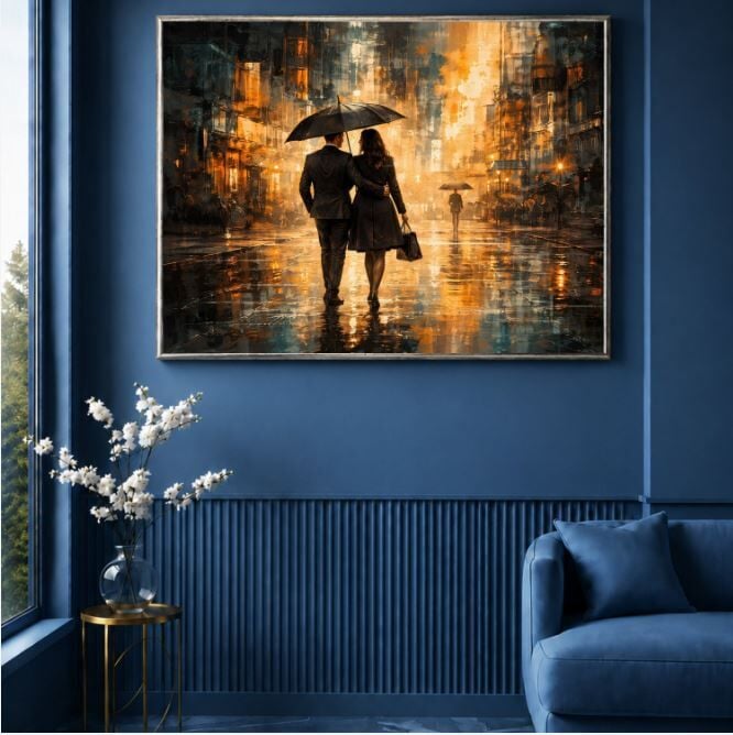 Aşk Yağlı Boya Tablo Yağmurlu Şehirde Şemsiye Altında Romantik Çift