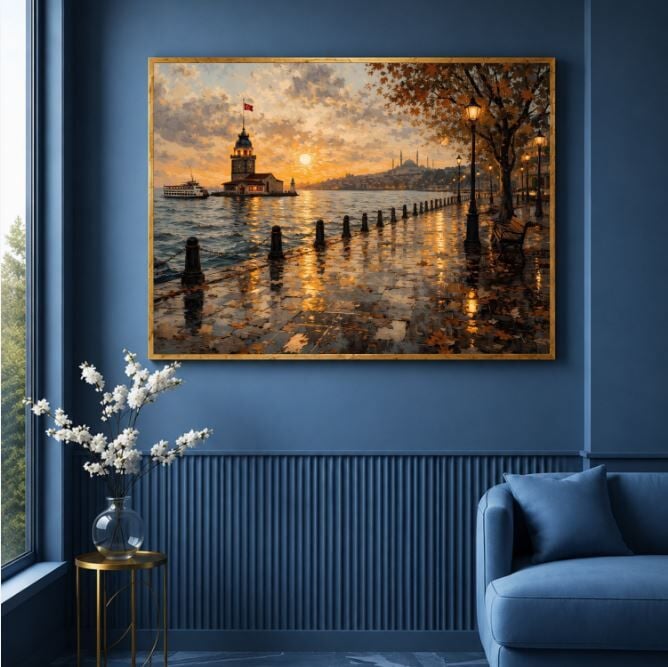 İstanbul Yağlı Boya Tablo Kız Kulesi Gün Batımı Manzarası