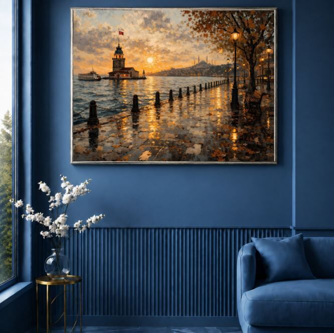 İstanbul Yağlı Boya Tablo Kız Kulesi Gün Batımı Manzarası