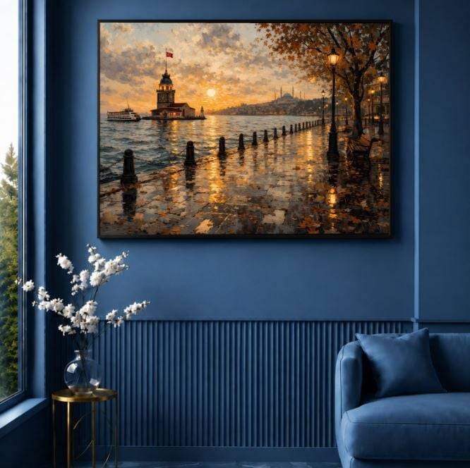 İstanbul Yağlı Boya Tablo Kız Kulesi Gün Batımı Manzarası
