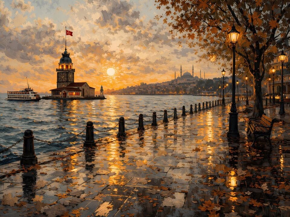 İstanbul Yağlı Boya Tablo Kız Kulesi Gün Batımı Manzarası