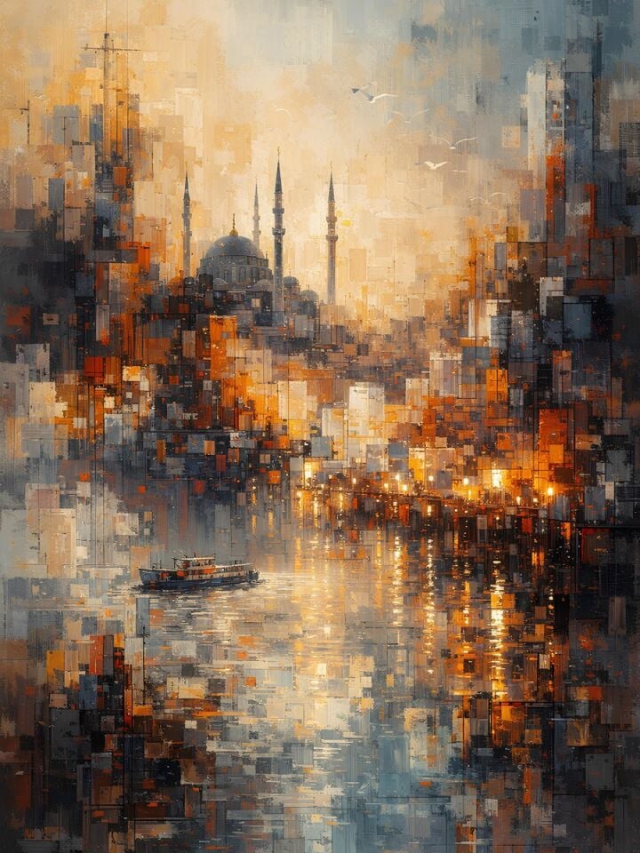 İstanbul Yağlı Boya Tablo Soyut Şehir Silüeti ve Cami Manzarası