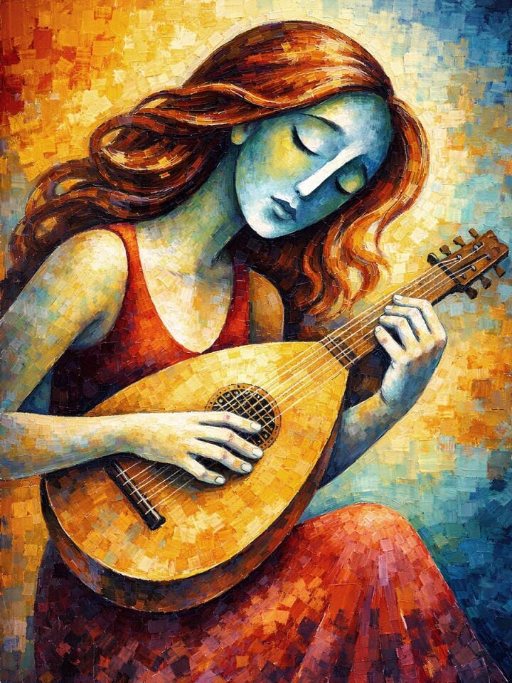 Müzik Temalı Yağlı Boya Tablo Soyut Lavta Çalan Kadın Figürü