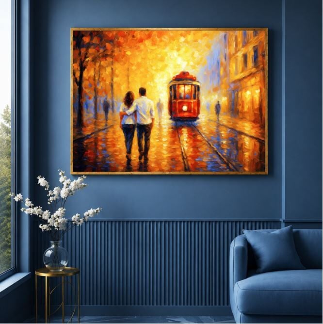 Tramvay Yağlı Boya Tablosu Romantik Şehir Manzarası Dokulu Modern Duvar Tablosu