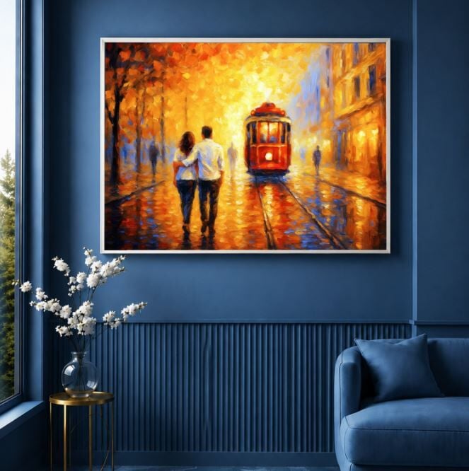 Tramvay Yağlı Boya Tablosu Romantik Şehir Manzarası Dokulu Modern Duvar Tablosu