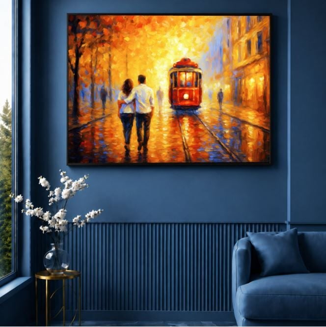 Tramvay Yağlı Boya Tablosu Romantik Şehir Manzarası Dokulu Modern Duvar Tablosu