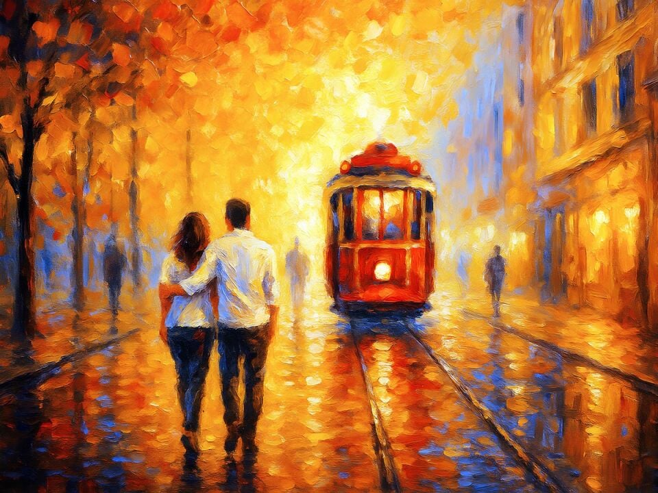 Tramvay Yağlı Boya Tablosu Romantik Şehir Manzarası Dokulu Modern Duvar Tablosu