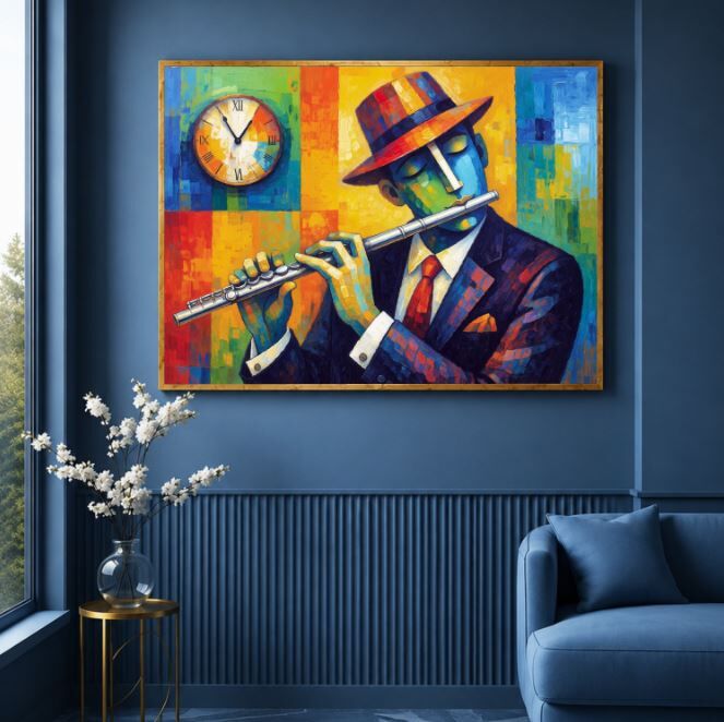 Flüt Yağlı Boya Tablo Renkli Soyut Müzisyen Modern Sanat