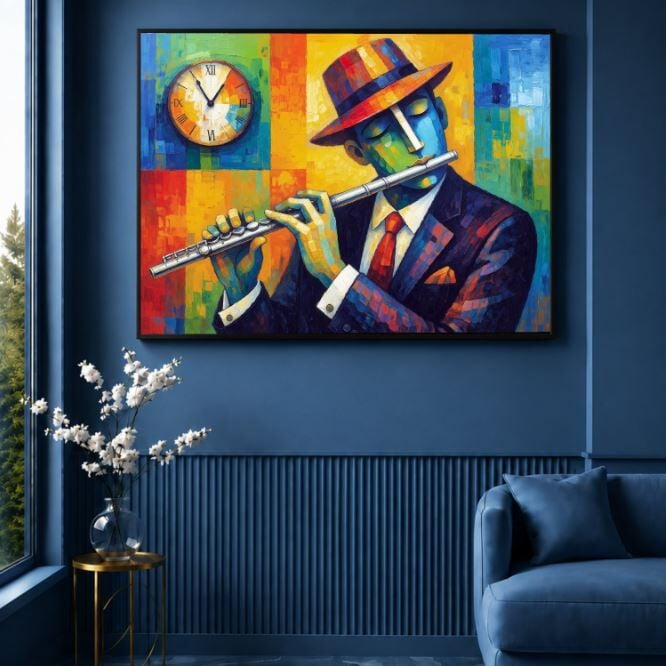 Flüt Yağlı Boya Tablo Renkli Soyut Müzisyen Modern Sanat
