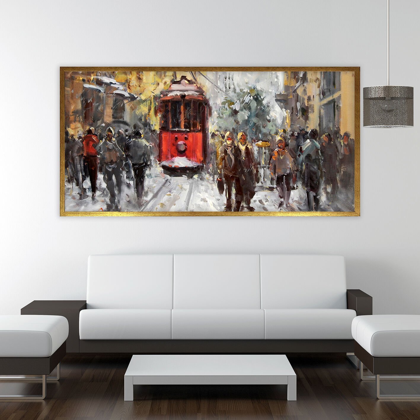 Karlı Beyoğlu Sokakları Manzara Dokulu Yağlıboya Tablo