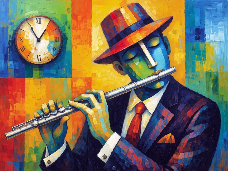 Flüt Yağlı Boya Tablo Renkli Soyut Müzisyen Modern Sanat