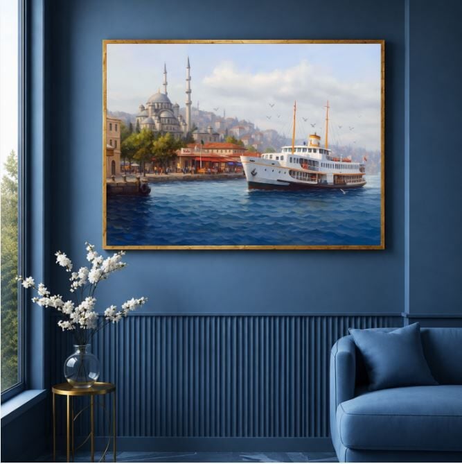 İstanbul Vapur Yağlı Boya Tablosu Eminönü Cami Boğaz Manzaralı Dekoratif Duvar Tablosu