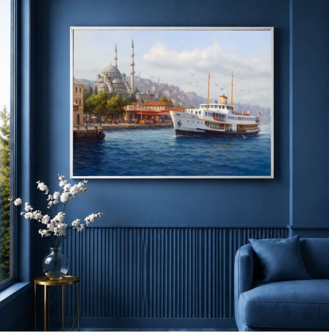 İstanbul Vapur Yağlı Boya Tablosu Eminönü Cami Boğaz Manzaralı Dekoratif Duvar Tablosu