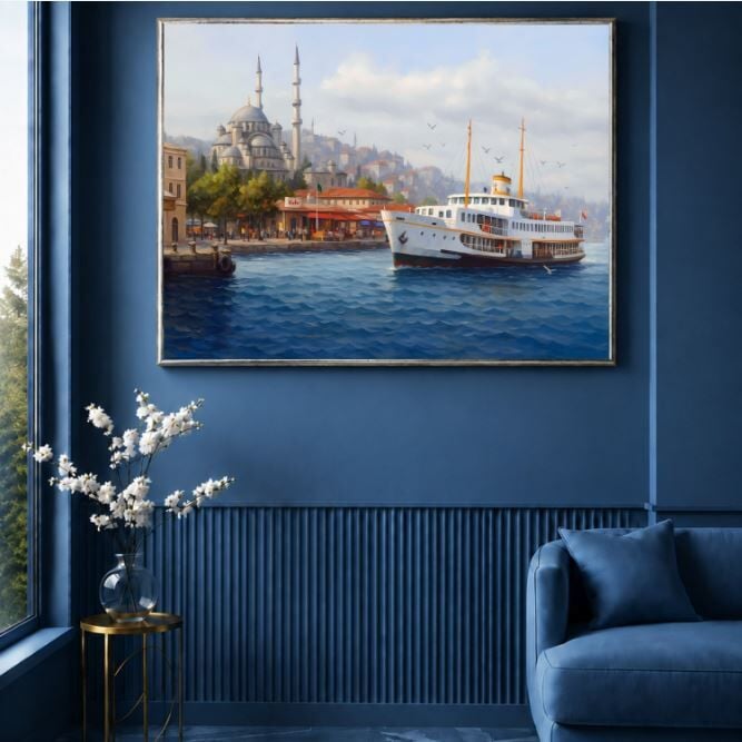 İstanbul Vapur Yağlı Boya Tablosu Eminönü Cami Boğaz Manzaralı Dekoratif Duvar Tablosu