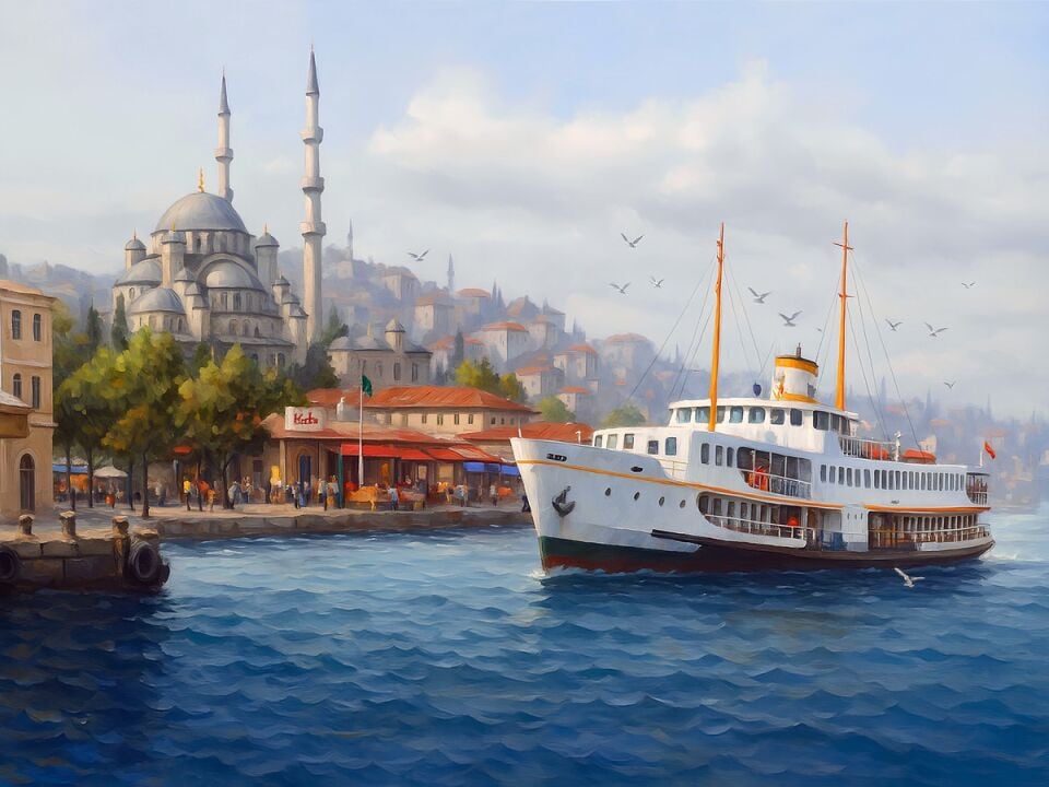 İstanbul Vapur Yağlı Boya Tablosu Eminönü Cami Boğaz Manzaralı Dekoratif Duvar Tablosu