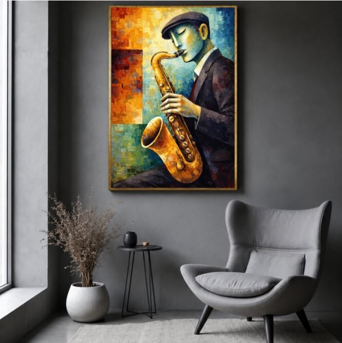 Saksafon Yağlı Boya Tablo Soyut Caz Müzisyeni Modern Sanat