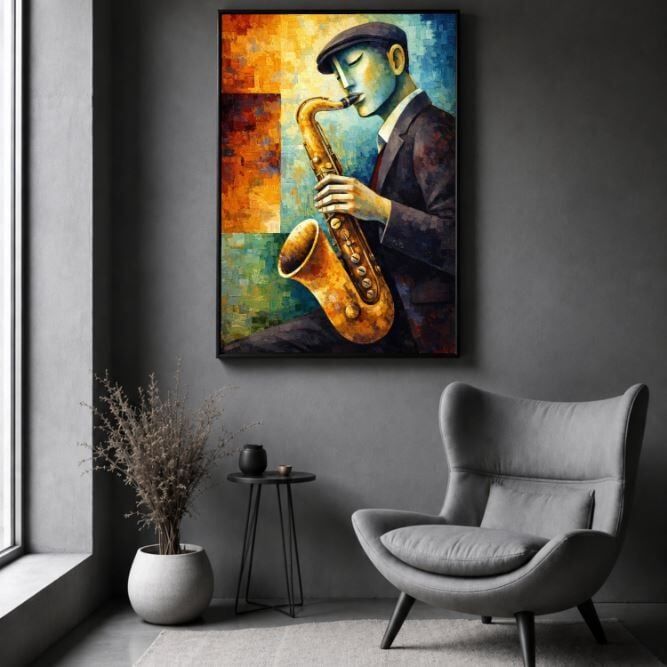 Saksafon Yağlı Boya Tablo Soyut Caz Müzisyeni Modern Sanat