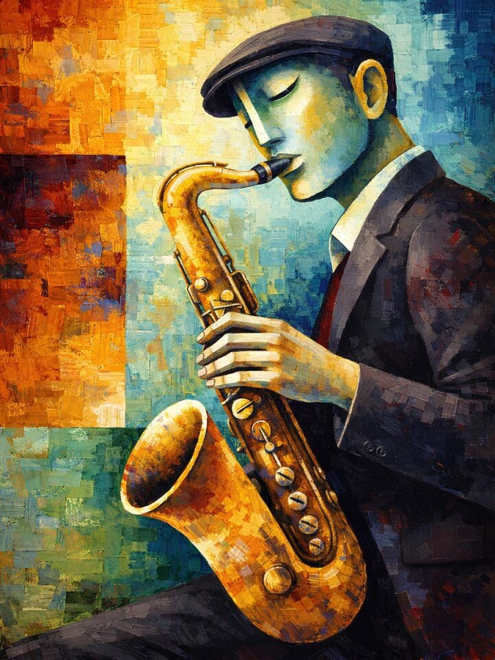 Saksafon Yağlı Boya Tablo Soyut Caz Müzisyeni Modern Sanat