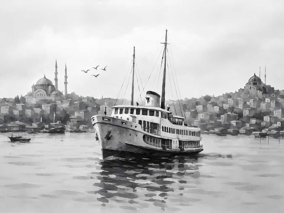 Siyah Beyaz İstanbul Vapur Tablosu Boğaz Manzaralı Yağlı Boya Dekoratif Duvar Tablosu