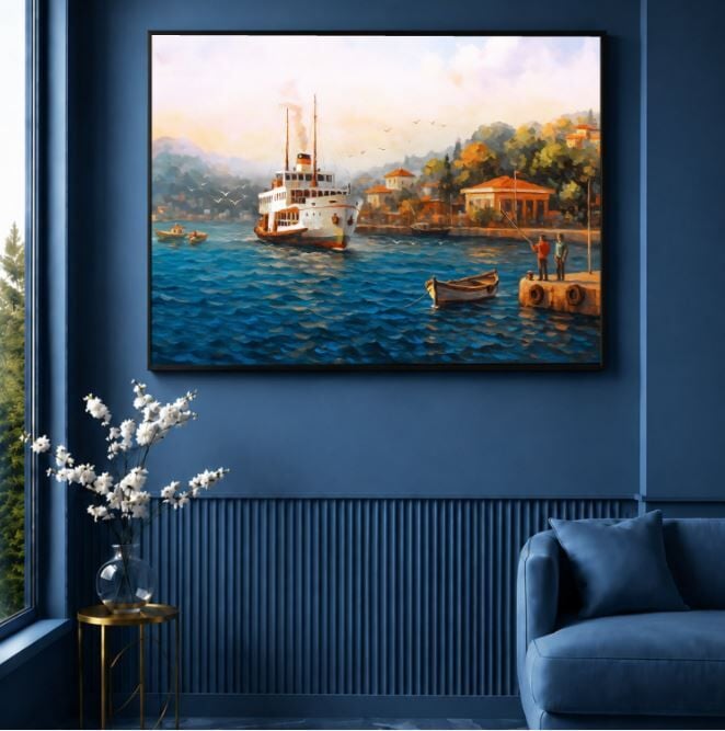 İstanbul Vapur Tablosu Boğaz Manzaralı Yağlı Boya Dekoratif Duvar Tablosu