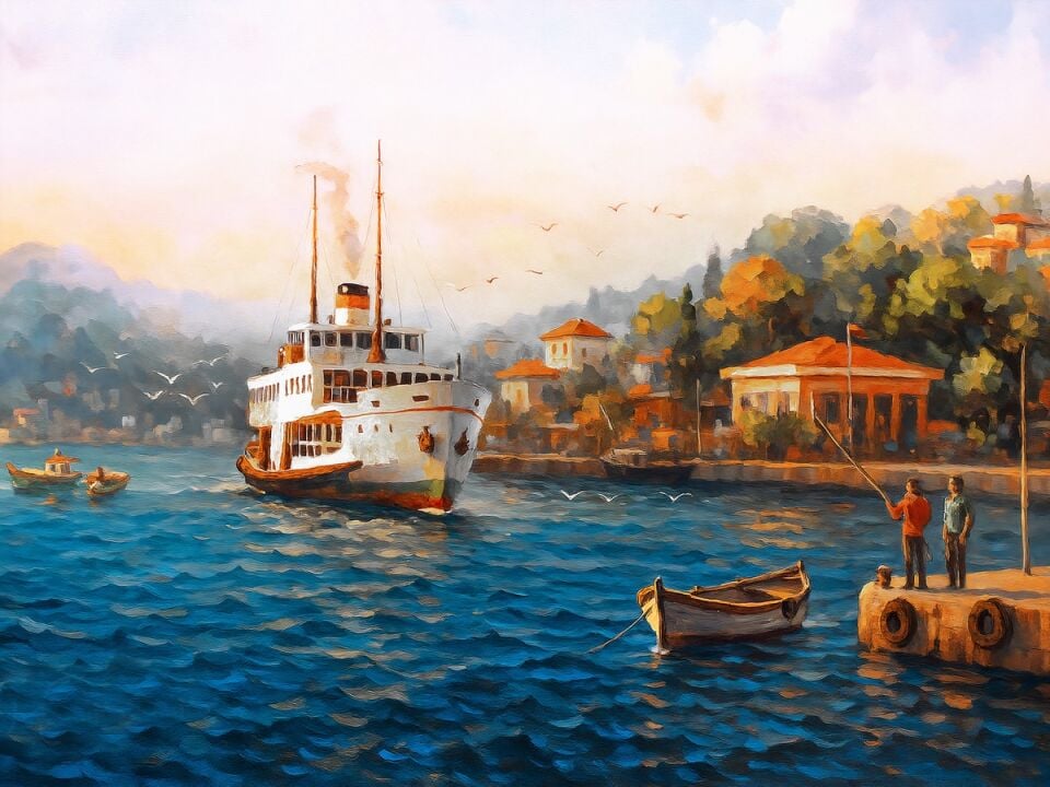 İstanbul Vapur Tablosu Boğaz Manzaralı Yağlı Boya Dekoratif Duvar Tablosu