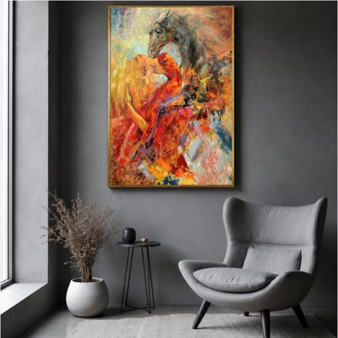 At ve Kadın Yağlı Boya Tablo Soyut Figüratif Modern Sanat