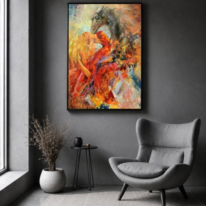 At ve Kadın Yağlı Boya Tablo Soyut Figüratif Modern Sanat