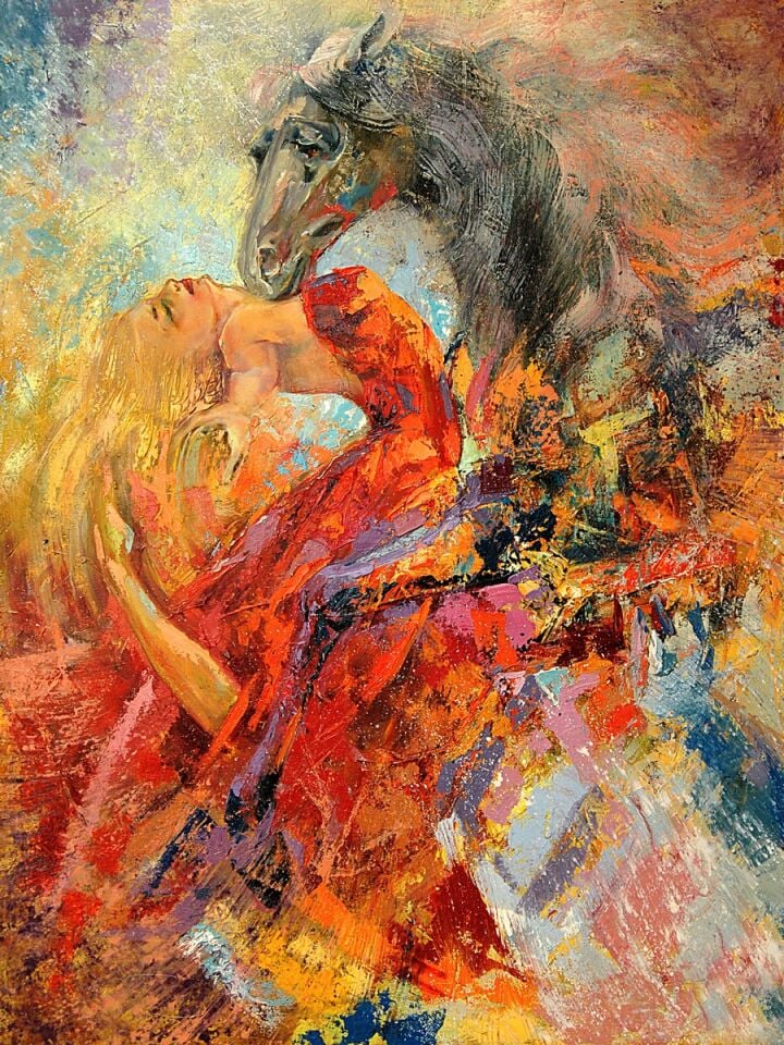 At ve Kadın Yağlı Boya Tablo Soyut Figüratif Modern Sanat