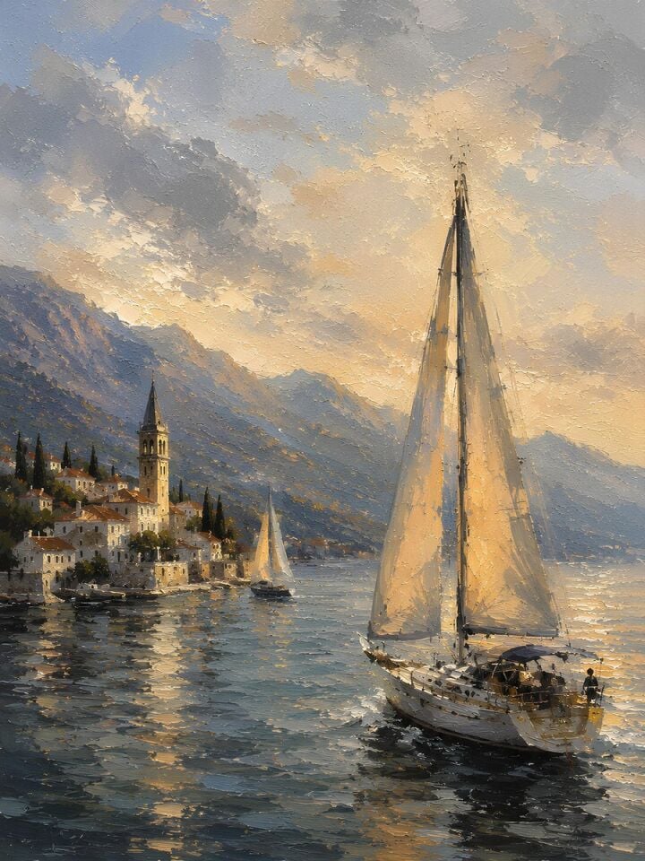 Sahil Kasabası Yelkenli Dokulu Yağlı Boya Tablo